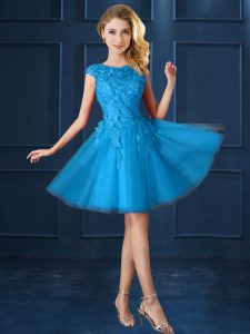 Baby Blue Cap Sleeves Lace and Belt Knee Length Quinceanera Court of Honor Dress