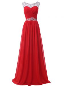 Flare Red Empire Scoop Sleeveless Chiffon Floor Length Backless Beading and Ruching