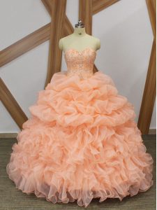 Peach Sleeveless Sweep Train Beading and Ruffles and Pick Ups Quinceanera Gowns