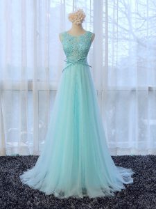 Adorable Apple Green Scoop Neckline Lace and Bowknot Quinceanera Dama Dress Sleeveless Zipper