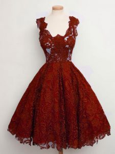 Rust Red Sleeveless Lace Knee Length Quinceanera Court of Honor Dress