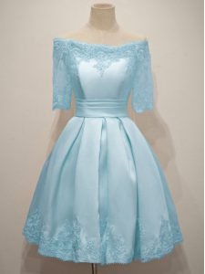 Pretty Knee Length Light Blue Damas Dress Taffeta Half Sleeves Lace