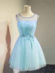 Comfortable Scoop Sleeveless Lace Up Dama Dress for Quinceanera Aqua Blue Tulle
