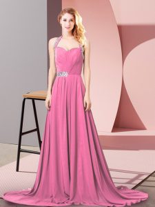 Hot Selling Pink Sleeveless Brush Train Beading and Ruching Prom Dress