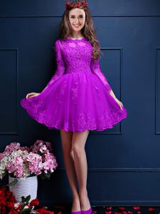 Mini Length Eggplant Purple Dama Dress for Quinceanera Chiffon 3 4 Length Sleeve Beading and Lace and Appliques