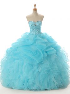 Ball Gowns 15th Birthday Dress Aqua Blue Sweetheart Organza Sleeveless Floor Length Lace Up