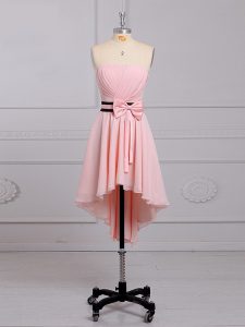 Baby Pink Sleeveless High Low Ruching and Bowknot Lace Up Dama Dress for Quinceanera