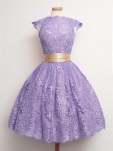 Lavender Lace Lace Up High-neck Cap Sleeves Knee Length Dama Dress for Quinceanera Belt