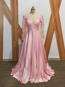 Long Sleeves Beading and Appliques Backless with Baby Pink