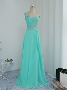 Top Selling One Shoulder Sleeveless Dress for Prom Floor Length Beading and Appliques Turquoise Chiffon