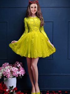 Glamorous Yellow Lace Up Scalloped Beading and Lace and Appliques Quinceanera Court Dresses Chiffon 3 4 Length Sleeve