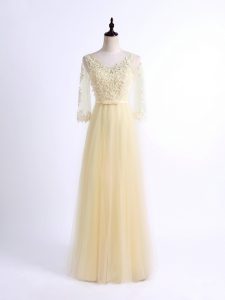 Light Yellow Tulle Lace Up Damas Dress Half Sleeves Floor Length Lace
