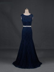 Fancy Navy Blue Homecoming Dress Prom and Military Ball and Sweet 16 and Beach with Beading Scoop Sleeveless Backless