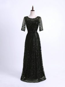 Exceptional Black Half Sleeves Lace and Appliques Floor Length Prom Dresses