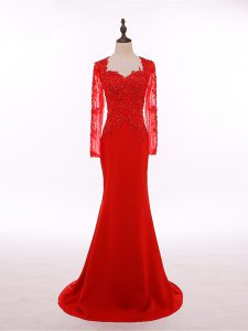 Fitting Scoop Long Sleeves Zipper Prom Dresses Red Chiffon