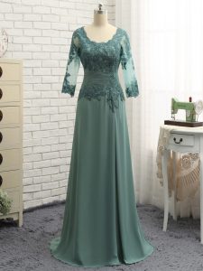 Scalloped Long Sleeves Chiffon Dress for Prom Lace and Appliques and Ruching Zipper