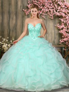 Gorgeous Apple Green Tulle Lace Up Sweet 16 Dresses Sleeveless Floor Length Beading and Ruffles
