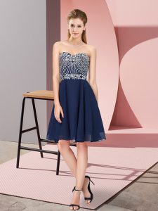 Sleeveless Knee Length Beading Lace Up Prom Dress with Navy Blue