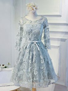 Knee Length Grey Prom Dresses Scoop Long Sleeves Lace Up