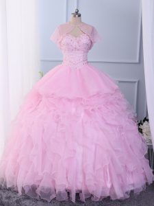 Pink Sleeveless Floor Length Beading and Ruffles Lace Up 15th Birthday Dress