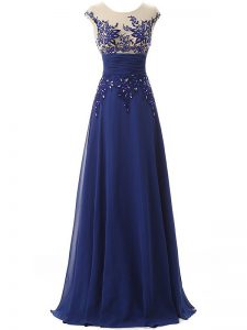 Blue Prom Party Dress Prom and Military Ball and Sweet 16 with Lace and Appliques and Ruching Scoop Sleeveless Zipper