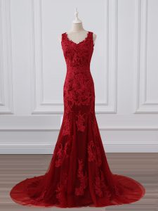 Red Zipper Evening Dress Lace and Appliques Sleeveless Brush Train