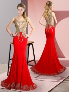 Vintage Red Mermaid Beading and Appliques Prom Gown Side Zipper Elastic Woven Satin Sleeveless