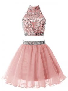 Custom Designed Beading Dama Dress for Quinceanera Pink Zipper Sleeveless Knee Length