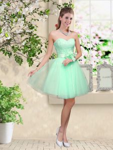New Arrival Tulle Sweetheart Sleeveless Lace Up Lace and Belt Dama Dress in Apple Green