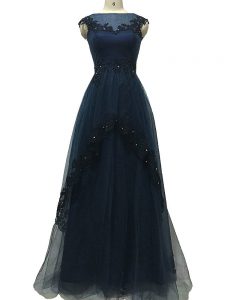 Clearance Navy Blue Zipper Bateau Lace and Appliques Dress for Prom Tulle Sleeveless
