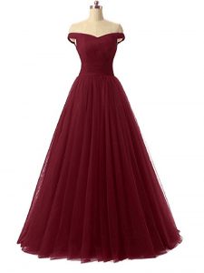 Exquisite Burgundy Off The Shoulder Lace Up Ruching Evening Dress Sleeveless