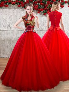 Fantastic Red Ball Gowns Appliques Quinceanera Gowns Lace Up Organza Short Sleeves Floor Length