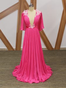 Suitable Hot Pink Half Sleeves Chiffon Sweep Train Backless Prom Gown for Prom and Party and Beach