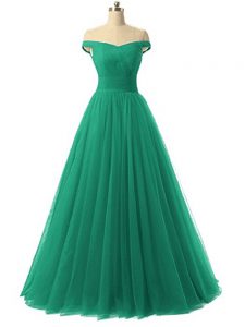 Floor Length Green Prom Dresses Off The Shoulder Sleeveless Lace Up