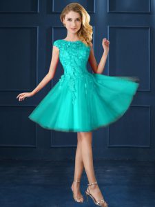 Wonderful Turquoise Lace Up Quinceanera Dama Dress Lace and Belt Cap Sleeves Knee Length