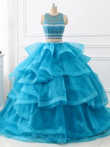 Nice Baby Blue Sleeveless Beading and Ruffles Backless Quinceanera Gown