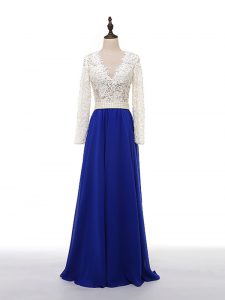 Blue And White V-neck Neckline Lace and Appliques Dress for Prom Long Sleeves Zipper