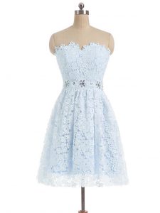 A-line Dress for Prom Light Blue Sweetheart Lace Sleeveless Mini Length Zipper