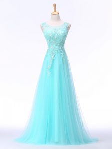 Sleeveless Lace and Appliques Backless Homecoming Dress with Aqua Blue Brush Train