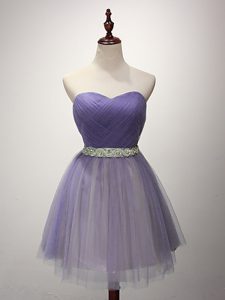 Elegant Lavender Lace Up Vestidos de Damas Beading and Ruching Sleeveless Mini Length