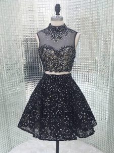 Sequined Sleeveless Mini Length Prom Evening Gown and Beading and Lace and Appliques