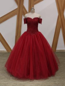 Sleeveless Tulle Floor Length Lace Up Prom Gown in Wine Red with Appliques