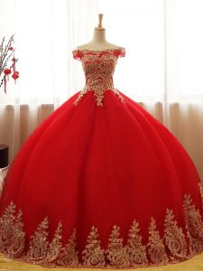 Red Ball Gowns Tulle Off The Shoulder Sleeveless Appliques Floor Length Lace Up Quinceanera Dresses