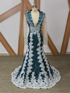 Artistic Long Sleeves Brush Train Zipper Beading and Lace and Appliques Prom Gown