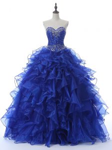 Best Royal Blue Sleeveless Floor Length Beading and Ruffles Lace Up Sweet 16 Quinceanera Dress