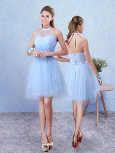 Amazing Blue A-line Halter Top Sleeveless Tulle Knee Length Lace Up Ruching Quinceanera Dama Dress
