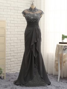 Black Chiffon Zipper Prom Evening Gown Cap Sleeves Floor Length Lace and Ruching