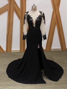 Glamorous Long Sleeves Chiffon Brush Train Zipper Prom Evening Gown in Black with Lace and Appliques