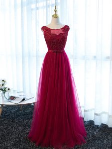 Exquisite Scoop Sleeveless Tulle Dress for Prom Beading and Lace and Appliques and Belt Lace Up