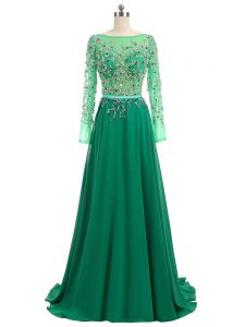 Adorable Backless Evening Dress Green for Prom and Party and Military Ball with Beading Brush Train